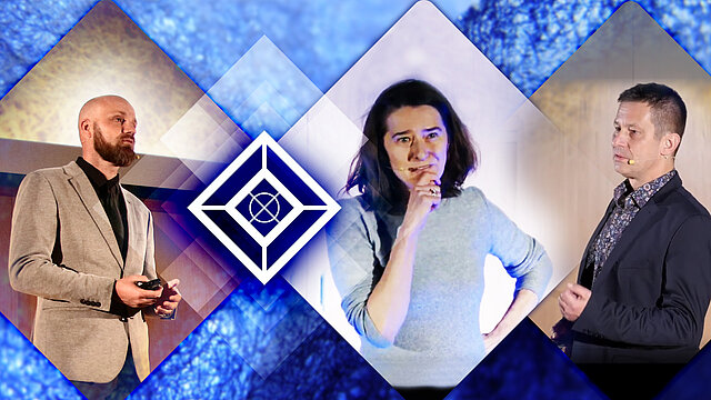 Kolaż, troje prelegentów: dwóch mężczyzn i kobieta w trakcie wystąpienia na scenie. 